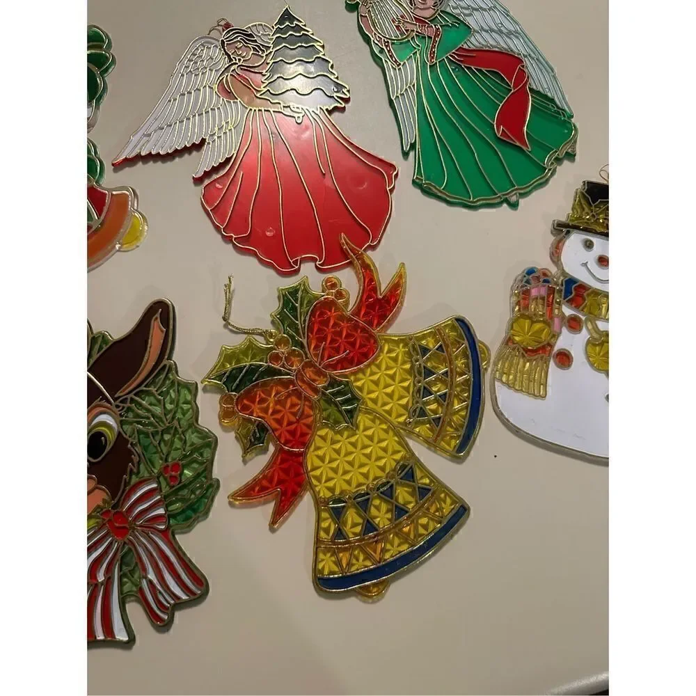 VINTAGE LARGER STAINED GLASS LOOK WINDOW ORNAMENT SUNCATCHERS CHRISTMAS MCM